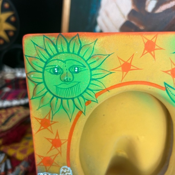 Vtg Mexican Folk Art Pottery Picture Frame Sun Moon Celestial Face Green Blue - Picture 4 of 16